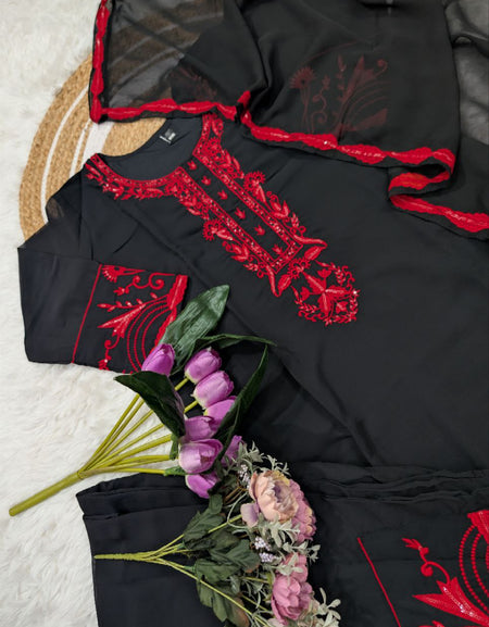 Black Embroidery Women Kurti Pant with Dupatta Set mahezon