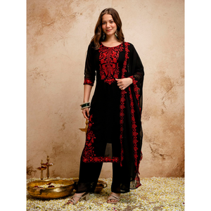Black Embroidery Women Kurti Pant with Dupatta Set mahezon
