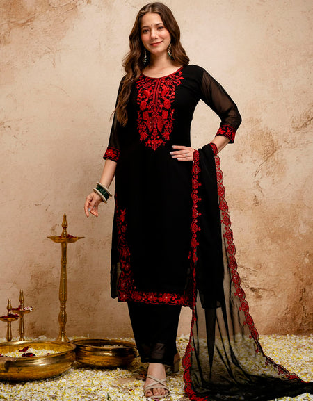 Black Embroidery Women Kurti Pant with Dupatta Set mahezon