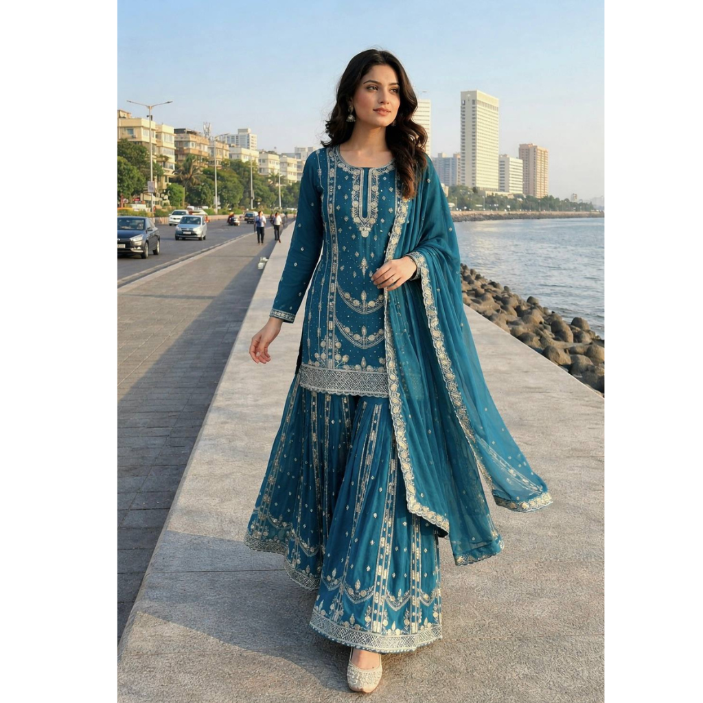Festive Readymade Sequence Embroidered Women Top Palazzo Dupatta Suit   mahezon
