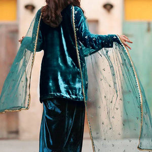 Designer Blue Velvet Wedding Wear Velvet Women Top Pant Dupatta Suit Set Mahezon