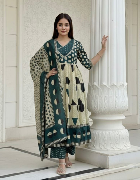Cotton Anarkali Women Kurti Pant Dupatta Set mahezon