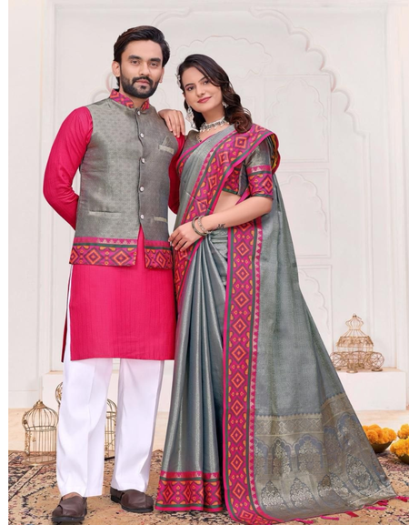 Couple Wear Traditional Indian Ethnic Men Kurta Pajama Koti and Women Saree mahezon