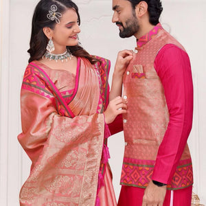 Couple Wear Wedding Indian Men Kurta Pajama Koti and Women Saree Outfits Set mahezon