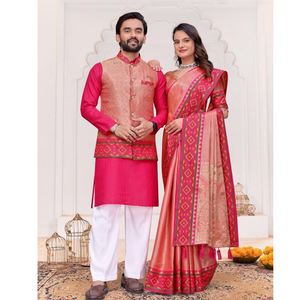 Couple Wear Wedding Indian Men Kurta Pajama Koti and Women Saree Outfits Set mahezon