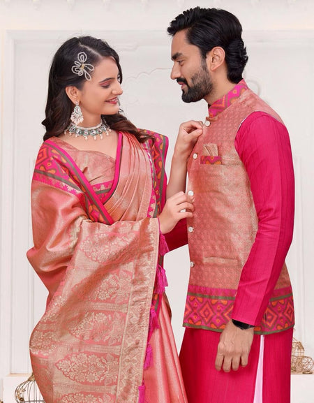 Couple Wear Wedding Indian Men Kurta Pajama Koti and Women Saree Outfits Set mahezon