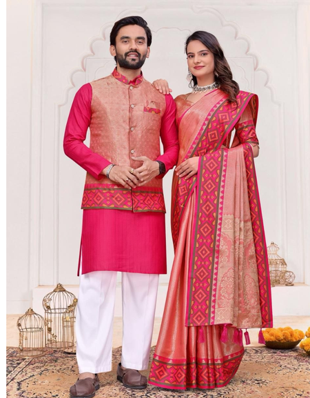 Couple Wear Wedding Indian Men Kurta Pajama Koti and Women Saree Outfits Set mahezon