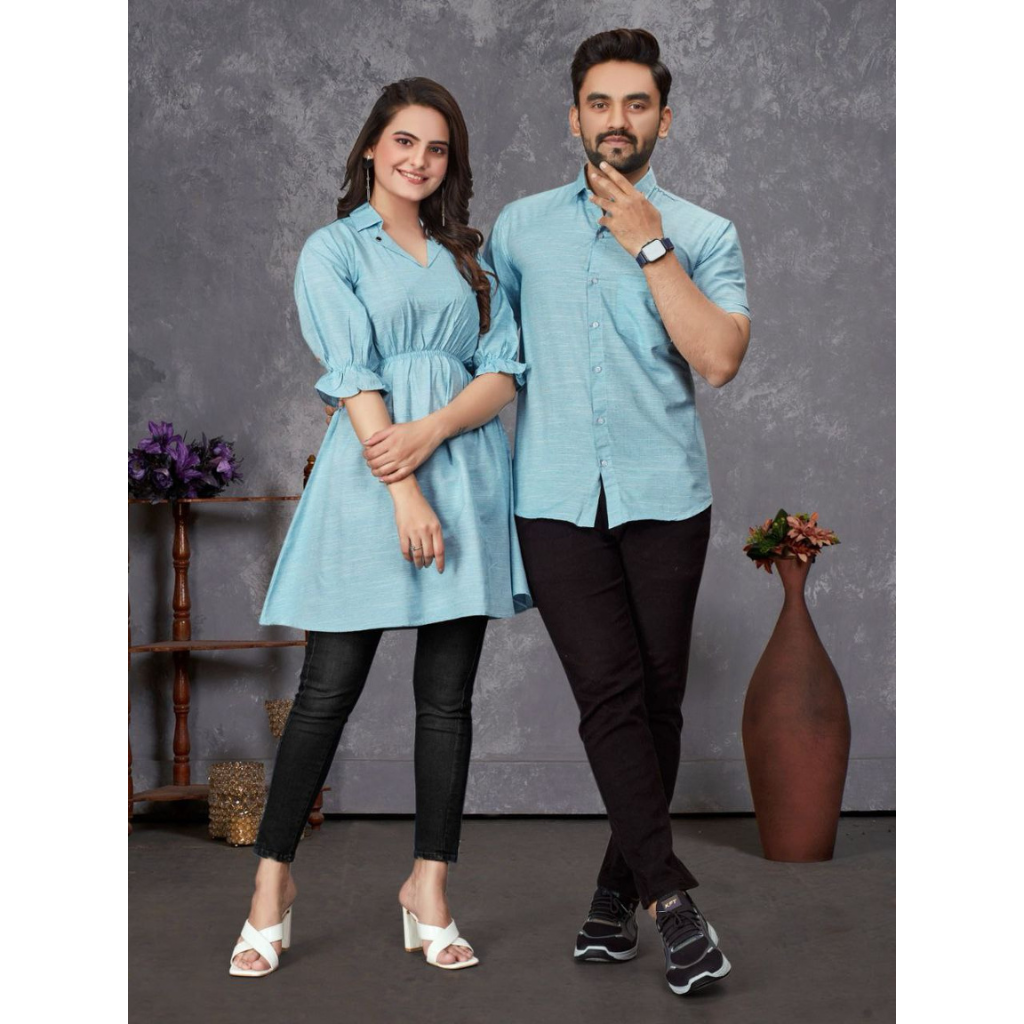 Couple wear Same Matching Blue Men Shirt and Women's Tunic Set