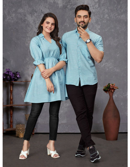 Couple wear Same Matching Blue Men Shirt and Women's Tunic Set mahezon
