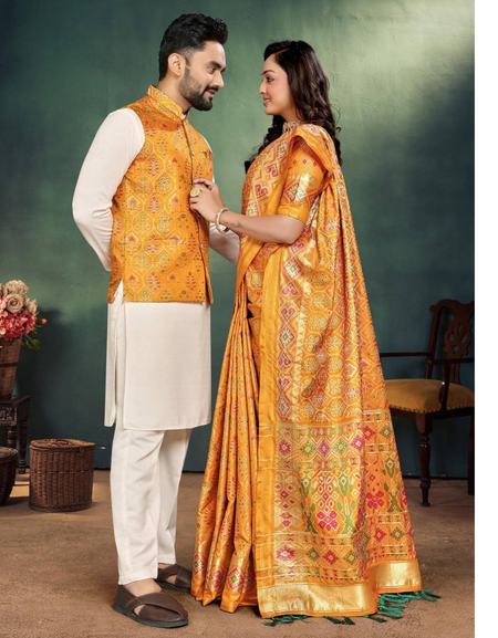 Couple wear Same Matching Outfits Men Kurta Pajama Koti and Women's Saree