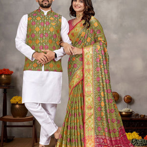 Couples wear Traditional Indian Green Mehendi Men Kurta Pajama Koti and Women Saree mahezon