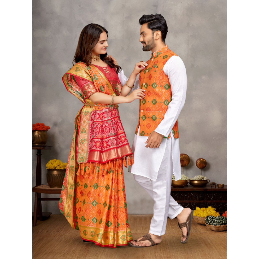 Couple wear Traditional Indian Orange Men Kurta Pajama Koti and Women Saree