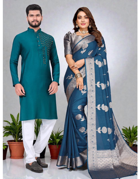Traditional Couples Same Matching Men Kurta Pajama and Women Saree Blouse Outfits Set mahezon