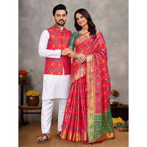 Couples wear Traditional Indian Pink Men Kurta Pajama Koti and Women Saree mahezon