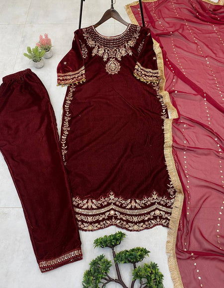 Designer Velvet Embroidery Sequence Women Top Pant Dupatta Royal Export