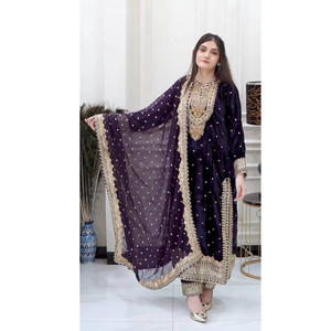 Designer Velvet Ethnic Embroidery Women Top Pant Dupatta Suit