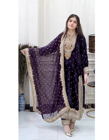 Designer Velvet Ethnic Embroidery Women Top Pant Dupatta Suit