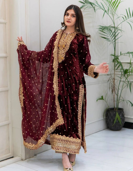 Designer Velvet Ethnic Embroidery Women Top Pant Dupatta Suit
