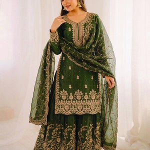Ethnic Wear Green Matching Mother Daughter Designer Party wear Top Palazzo Dupatta Suit Set mahezon