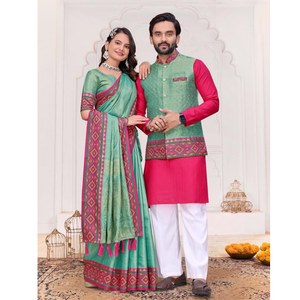 Ethnic Couple Wear Indian Men Kurta Pajama Koti and Women Saree Outfits Set mahezon