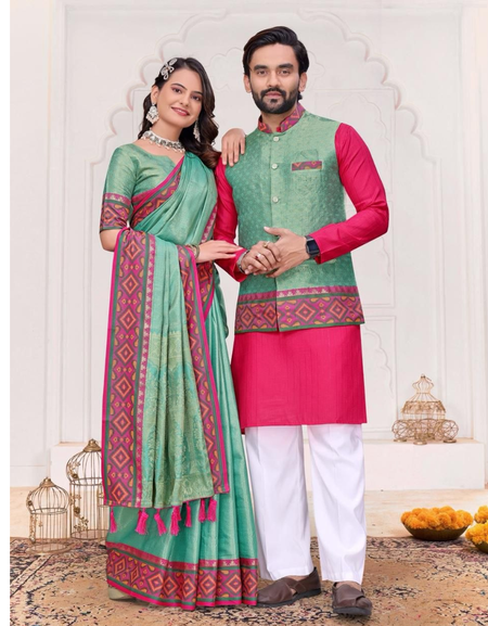 Ethnic Couple Wear Indian Men Kurta Pajama Koti and Women Saree Outfits Set mahezon