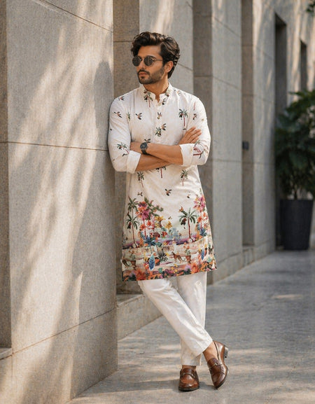 Ethnic Traditional Indian White Men Kurta Pajama with Crochet Sequence work and Digital Print mahezon