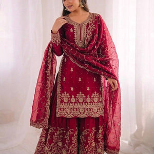 Ethnic Wear Matching Red Mother Daughter Designer Party wear Top Palazzo Dupatta Suit Set mahezon