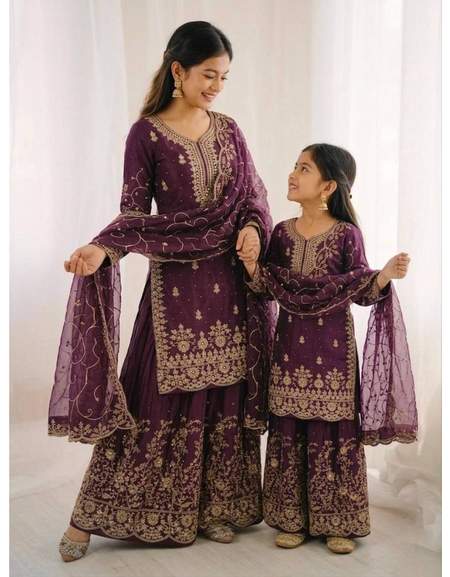 Ethnic Wear Matching Purple Mother Daughter Designer Party wear Top Palazzo Dupatta Suit Set mahezon