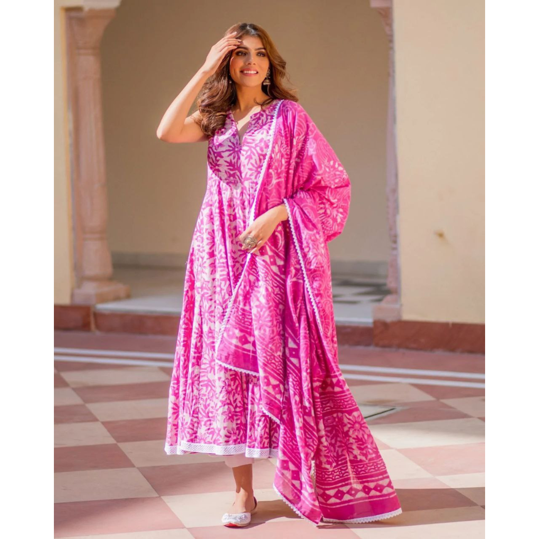 Cotton Floral Pink Women Kurti Pant set with Dupatta – mahezon