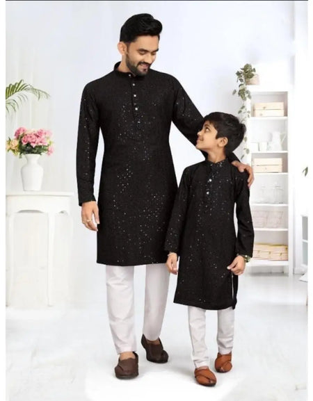 Father and Son Black Chikankari Same Matching Kurta Dress Set mahezon