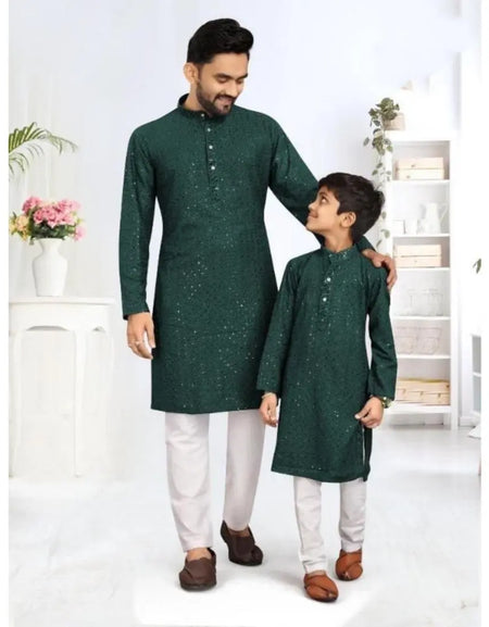Father and Son Dark Green Chikankari Same Matching Kurta Dress Set mahezon