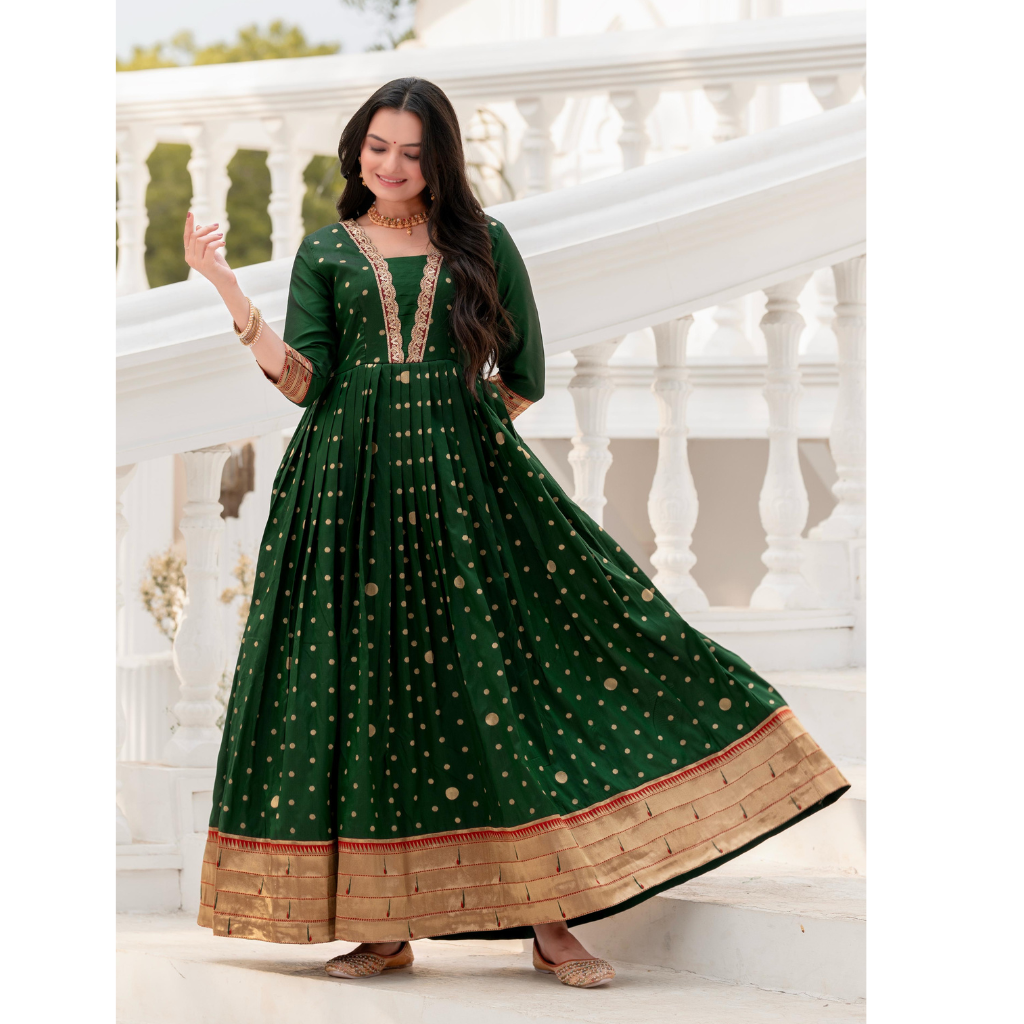 Festival Green Polka Paithani Women Gown Dress mahezon Festival Green Polka Paithani Women Gown Dress mahezon