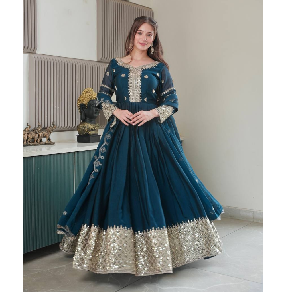 Festive Designer Embroidery Sequin Women Gown Dupatta Dress mahezon Festive Designer Embroidery Sequin Women Gown Dupatta Dress mahezon