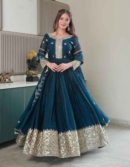 Festive Designer Embroidery Sequin Women Gown Dupatta Dress mahezon