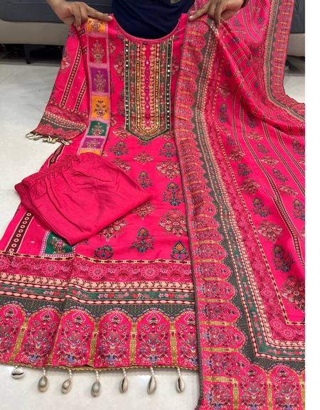 Festive Floral Pink Women’s Kurti Pent Dupatta Set mahezon
