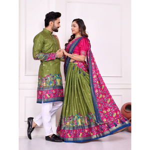 Festive Couple Wear Same Matching Men Kurta Pajama Women Lehenga Choli Dupatta mahezon