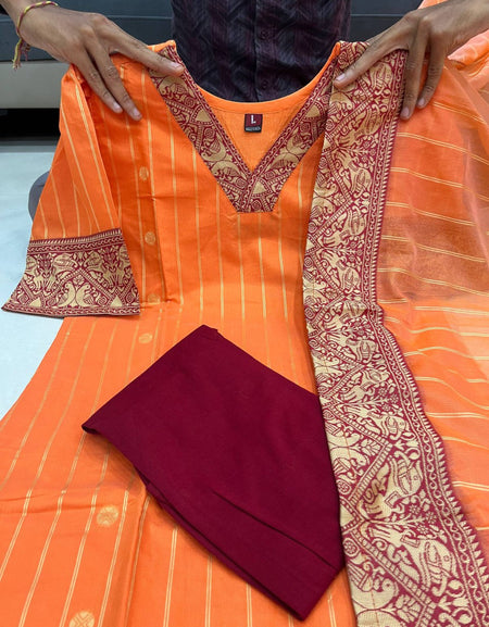 Festive Orange Cotton Women Kurti Leggings with Dupatta Set mahezon