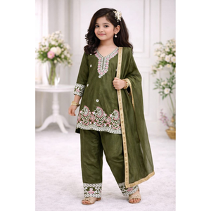 Festive Embroidery Kid Girl Kurti Palazzo with Dupatta Suit mahezon