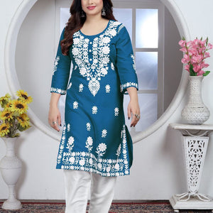 Women's Embroidery Blue Lucknow Chikankari Kurta Pant Set mahezon