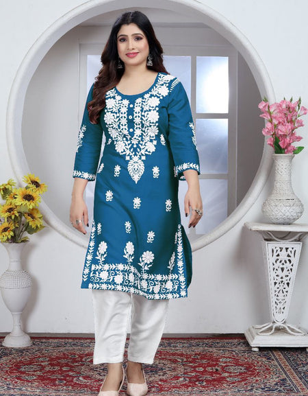 Women's Embroidery Blue Lucknow Chikankari Kurta Pant Set mahezon