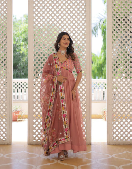Women's Peach Alia Cut Gown Dupatta Set Party Wear mahezon