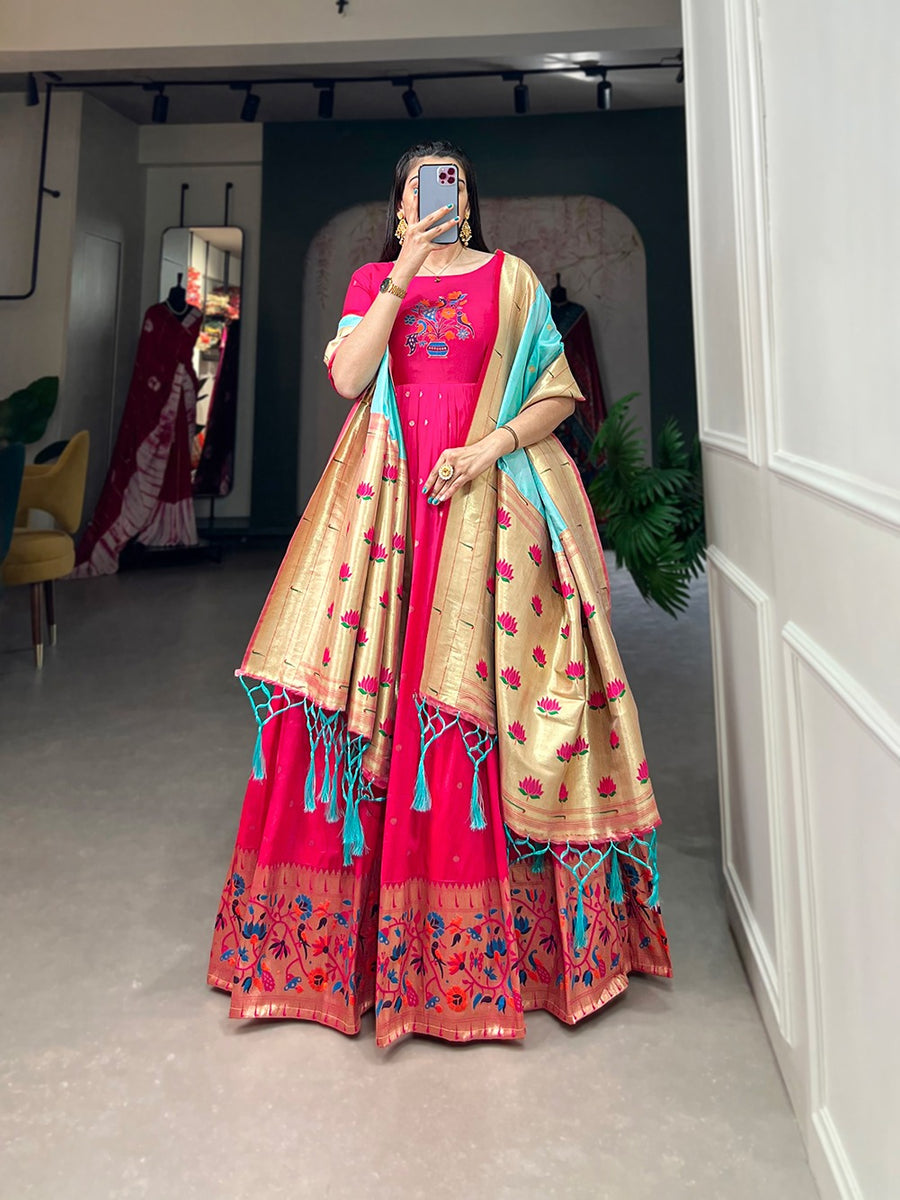 gown paithani dress design Paithani Dress Gown Design From Saree Purple Color Weaving Zari Work  Jacquard Silk Paithani Gown