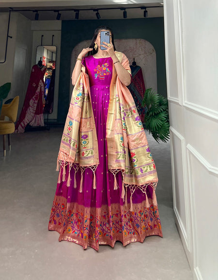 Women Purple Paithani Gown with Dupatta Set for Wedding and Raksha Bandhan mahezon