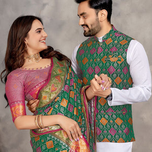 Couples wear Traditional Indian Green Men Kurta Pajama Koti and Women Saree mahezon
