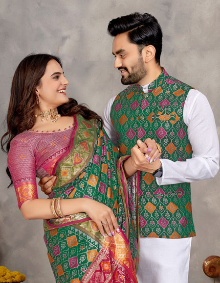 Couples wear Traditional Indian Green Men Kurta Pajama Koti and Women Saree mahezon