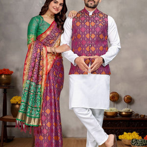 Couples wear Traditional Indian Purple Men Kurta Pajama Koti and Women Saree mahezon