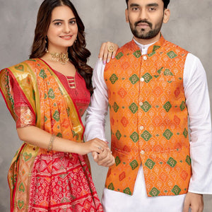 Couple wear Traditional Indian Men Kurta Pajama Koti and Women Saree mahezon