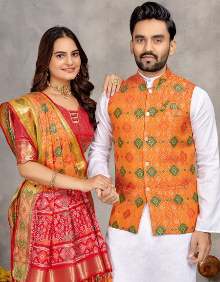 Couple wear Traditional Indian Men Kurta Pajama Koti and Women Saree mahezon