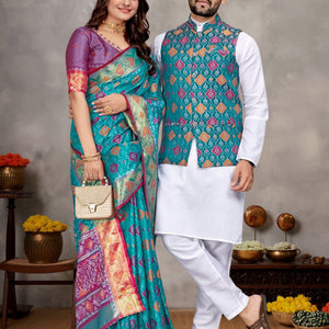 Couples wear Traditional Indian Blue Men Kurta Pajama Koti and Women Saree mahezon