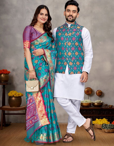 Couples wear Traditional Indian Blue Men Kurta Pajama Koti and Women Saree mahezon